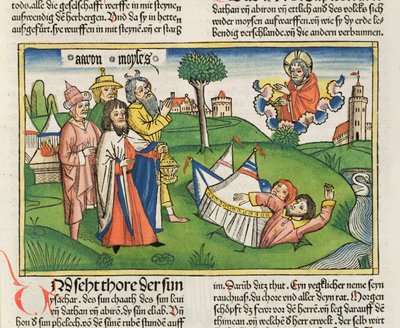 16 32 A Föld elnyeli a lázadókat, Dátánt és Abiramot, a Nürnbergi Bibliából (Biblia Sacra Germanaica) (színes fametszet) alkotó: German School