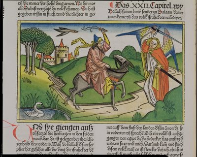 22. szám 20-35 Bálám beszélő szamár, a Nürnbergi Bibliából (Biblia Sacra Germanaica) (színes fametszet) alkotó: German School