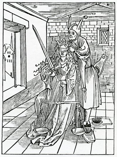 A törvény nagy törekvőiről a semmiért, illusztráció Alexander Barclay „A bolondok hajója” angol fordításából, egy 1874-ben megjelent kiadásból alkotó: German School