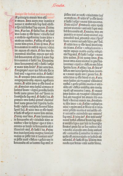 Johannes Gutenberg (1400-1468 körül) és Peter Schoeffer (1425-1502) Mainzban, 1454-56 (nyomtatott papír) által a Gutenberg-bibliából származó Genezis könyvének nyitóoldala alkotó: German School