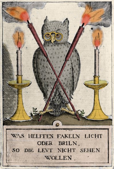 Bagoly szemüveggel, a bölcsesség szimbóluma. Az „Amphitheatrum sapientiae aeternae” metszete. (Az örök bölcsesség amfiteátruma) (Hamburg: n.n. alkotó: German School