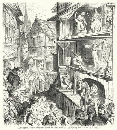 Passiójáték előadása a középkorban (metszet) alkotó: German School