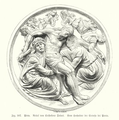 Pieta, Cristoforo Solari domborműve a Certosa di Pavia főoltáráról, Olaszország (metszet) alkotó: German School