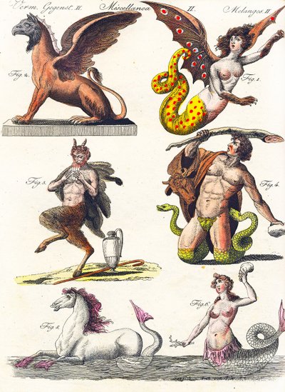 Különféle mitológiai hibrideket ábrázoló tábla, 1830 alkotó: German School