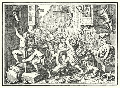 A Judengasse, a frankfurti zsidó gettó kifosztása a Fettmilch-felkelésben, 1614 alkotó: German School
