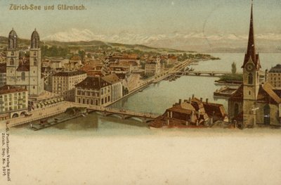 Képeslap, amely Zürich városának általános képét ábrázolja alkotó: German School