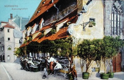 Képeslap, amely a nürnbergi Bratwurstglocklein éttermet ábrázolja, 1914 előtt (színes fotó) alkotó: German School