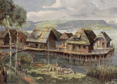 Őskori európai tavi falu (színes litográfia) alkotó: German School