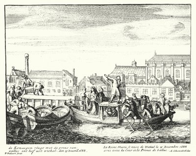 Mária királynő, II. Jakab király hitvese, aki Angliából menekül a walesi herceggel és egész udvarával, 1688. december (metszet) alkotó: German School