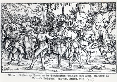 Lázadó parasztok vesznek körül egy lovagot, Petrarch Trostspiegel című könyvének illusztrációja alapján, 1539 alkotó: German School