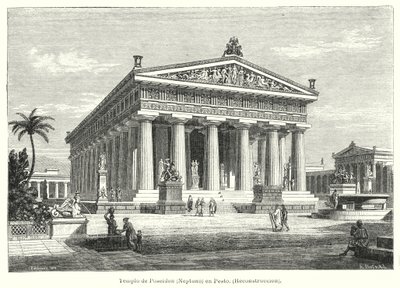 Az ókori görög Poszeidon-templom rekonstrukciója, Paestum, Olaszország (litho) alkotó: German School