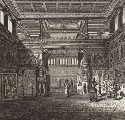 Egy asszír király termének újjáépítése. Illusztráció a Bilder-Atlashoz (metszet) alkotó: German School