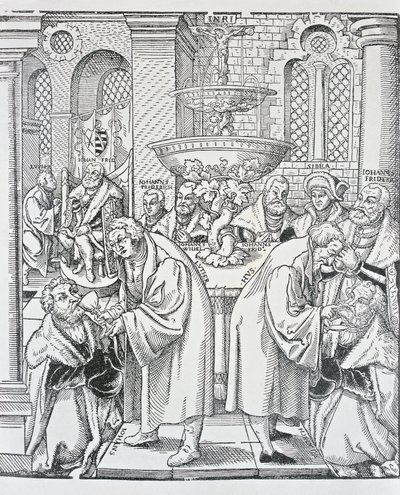 Luther Márton és Husz János református úrvacsoraszolgáltatás (metszet) alkotó: German School