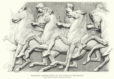 Dombormű a Parthenon-frízről, amely lovas athéni fiatalokat ábrázol (metszet) alkotó: German School