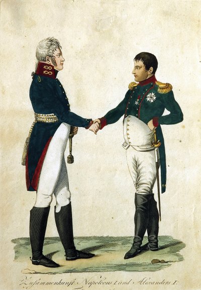 Napóleon (1769-1821) és I. Sándor cár (1777-1825) találkozása. (Napóleon és I. Sándor találkozása). Névtelen munka, metszet és akvarell alkotó: German School