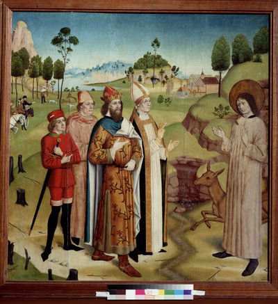 ""A vizigót Wamba király (i.sz. 672-680) és Szent Gilles, a remete (vagy Aegidius) (7. század) egy vadász nyila által megsebesült őzike találkozásának ábrázolása" (Saint Giles és Wamba király a királyi vadászaton) Szennyér az ökofán alkotó: German School