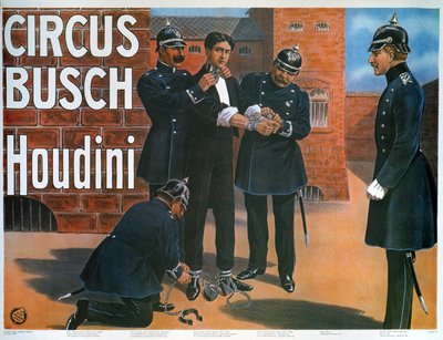 Egy 1907-es poszter reprodukciója, amelyen Houdini egy német börtönből való szökés előtt látható alkotó: German School