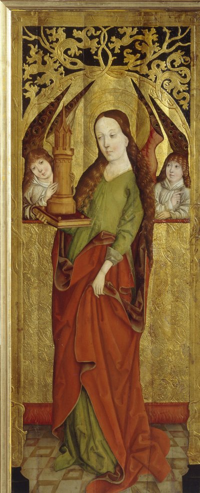 Sainte Barbe vagy Barbe a nagy vértanú (3. század). (Szent Borbála). Egy fennsíkon hordoz egy három ablakos tornyot. Egy vesztfáliai mester festménye (1470 és 1480 között tevékenykedett), olaj, fa, 1470-1480 körül. német művészet alkotó: German School