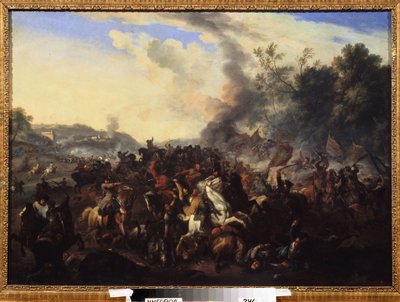 ""csatajelenet"" Harc közben felhalmozódott lovasok és lovak. Névtelen festmény a német iskolából. 17. századi regionális művészeti múzeum, Ungvár, Ukrajna alkotó: German School