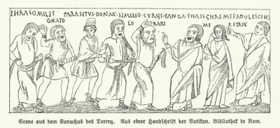 Jelenet az Eunuchus (Az Eunuch), Terence római drámaíró vígjátékából (litho) alkotó: German School