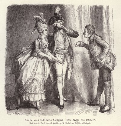 Jelenet Friedrich Schiller Der Neffe als Onkel (Az unokaöccs bácsiként) című vígjátékából (metszet) alkotó: German School