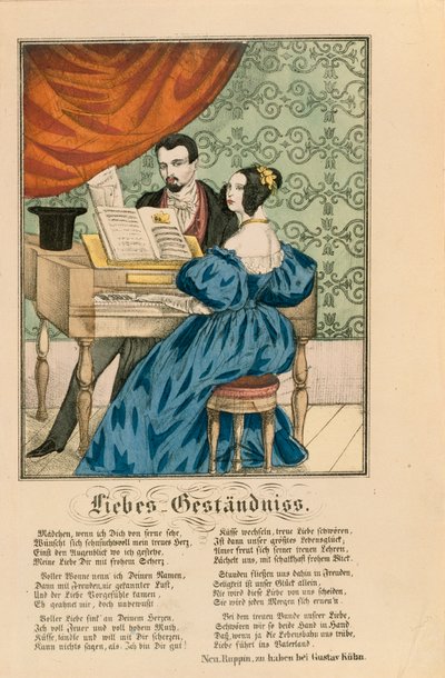 Jelenet egy pár zongoránál, alatta szerelmes verssel, Neuruppiner Bilderbogenből, 1850 alkotó: German School