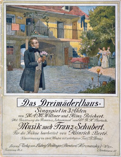 A Das Dreimaederlhaus (A három lány háza) kottaborítója, amely Schubertet ábrázolja a ház előtt, 1916 alkotó: German School