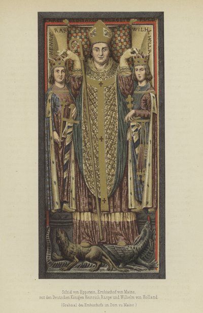 Siegfried von Eppstein, Mainz érseke 1230 és 1249 között Henry Raspe német királyokkal, Türingia földgrófjával és II. Holland Vilmossal, Hollandia és Zeeland grófjával (színes litho) alkotó: German School