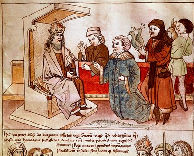 I. Luxemburgi Zsigmond (1368-1437), a Szent Birodalom császára megkapja az engedelmes népek adóját. Miniatűr a „Konstanzi zsinat krónikájából”, Ulrich Richental (1360-1437) 1438 körülbelül Prága, Nemzeti Könyvtár alkotó: German School