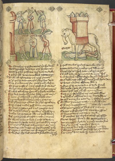Sloane 361, f.27 Codrus király feladja magát, hogy megöljék népéért, Eleazar Maccabeus pedig leszúrja az elefántot, és összezúzza, a 