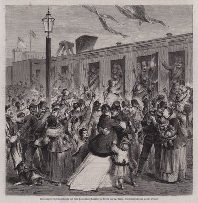 A Porosz Garde Landwehr katonáit a berlini Potsdam pályaudvaron fogadták a francia-porosz háborúból visszatérve, 1871. március 22-én (metszet) alkotó: German School