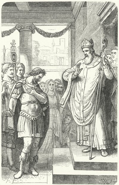 Szent Ambrus megtiltotta I. Theodosius római császárt, hogy belépjen a milánói székesegyházba a thesszalonikai mészárlás büntetéséért, 390 (metszet) alkotó: German School