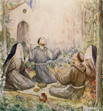 Assisi Szent Ferenc és Assisi Szent Klára étkezik az Angyalok Szent Máriája templom előtt (színes litográfia) alkotó: German School