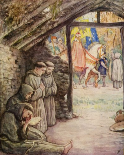 Szent Ferenc és követői a Rivotorto szentélyben (színes litho) alkotó: German School