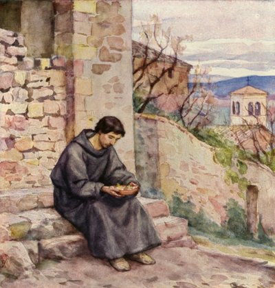 Szent Ferenc koldusként étkezik (színes litográfia) alkotó: German School