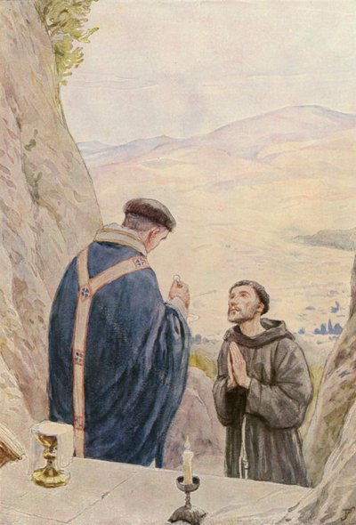 Szent Ferenc misézik Leó testvérrel (színes litográfia) alkotó: German School