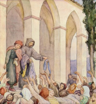Szent Ferenc segít a szegényeknek (színes litográfia) alkotó: German School