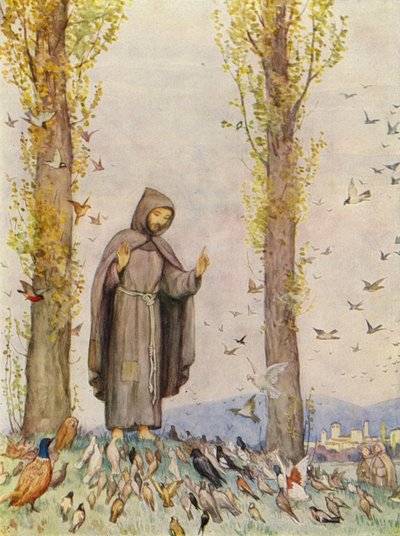 Szent Ferenc prédikál a madaraknak (színes litográfia) alkotó: German School