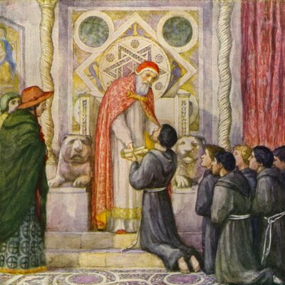 III. Innocentus pápa fogadja Szent Ferencet (színes litográfia) alkotó: German School