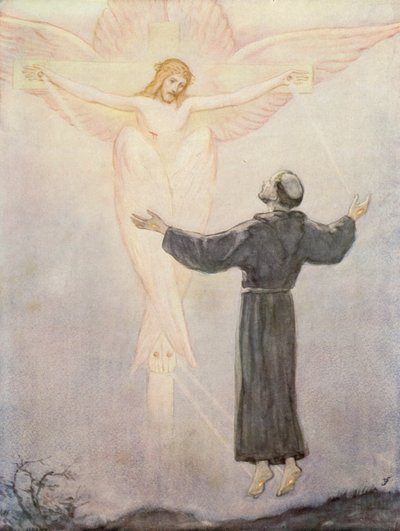 Szent Ferenc kapja a stigmáit (színes litográfia) alkotó: German School