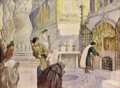 Szent Ferenc meglátogatja az egyik apostol sírját (színes litográfia) alkotó: German School