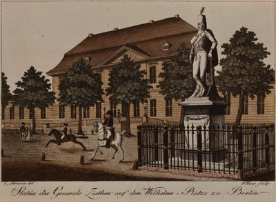 Von Ziethen tábornok szobra a Wilhelm Platzon, Berlinben (színes rézkarc) alkotó: German School