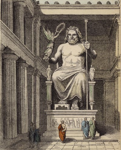 Zeusz szobra az ókori görög templomban, Olimpiában (színes metszet) alkotó: German School