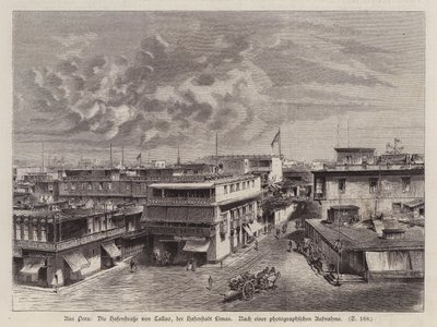 Callao kikötőjébe vezető utca, Lima kikötője, Peru (metszet) alkotó: German School