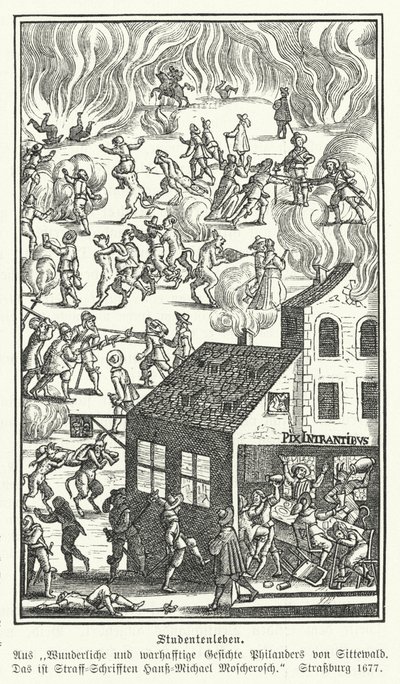 Diákélet: jelenet a Blicke Philanders von Sittewaldból, Johann Michael Moscherosch (metszet) alkotó: German School