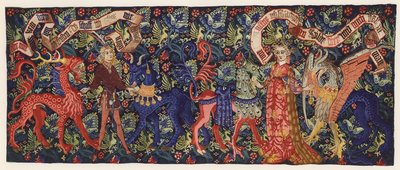 Két szerelmespárt és mitikus lényeket ábrázoló kárpit, Bázel, 1480 körül (színes litográfia) alkotó: German School
