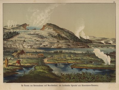 Te Tarata (fehér terasz), geotermikus szilícium-dioxid szinterelerakódások a Rotomahana-tó partján, Új-Zélandon (színes litho) alkotó: German School