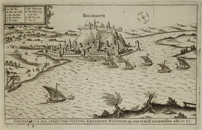 Belgrád eleste a törököknek 1521-ben, illusztráció az európai oszmán hadjáratokról szóló könyvből, Paul Furst (1605-66 körül) metszetében alkotó: German School