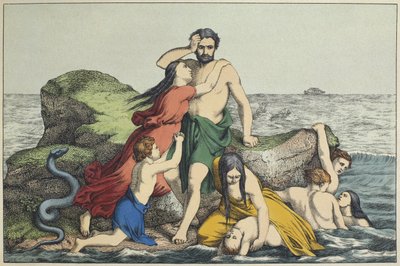Az özönvíz, illusztráció a LAncien Testamentből, kiadó: Jakob Ferdinand Schreiber, Esslingen (színes metszet) alkotó: German School