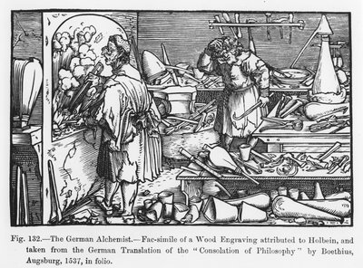 A német alkimista, Boethius vigasztalása a filozófiáról, illusztráció a Tudomány és irodalom középkorban és reneszánszban című könyvéből, Paul Lacroix írta és vésette, 1878 (sz. alkotó: German School